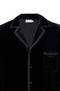 Combo Men's Velvet Pajama Set top details, black velvet with satin trim along the collar, placket and chest pocket.