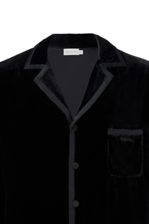 Combo Men's Velvet Pajama Set top details, black velvet with satin trim along the collar, placket and chest pocket.