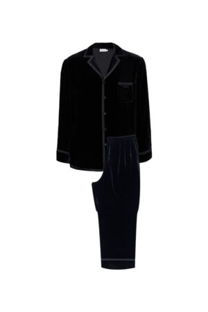 Combo Men's Velvet Pajama Set shown as a full set, black velvet button-front shirt and matching pants for relaxed luxury at home.