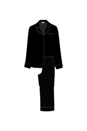 Black Combo Women's Velvet Pajama Set displayed front, with button-front top and matching pants for luxurious lounging.