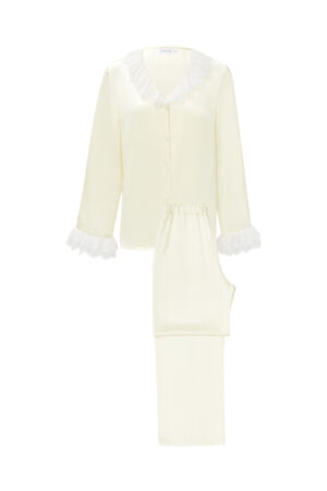 Court Women's Pajama Set in ivory soft silk satin, with lace-trimmed on neckline and cuffs for refined elegance.