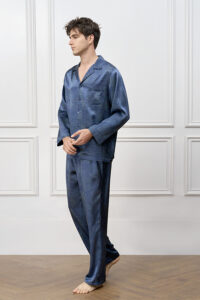 Side view of MANITO Cube Men's Pajama Set, tailored in smooth silk for effortless movement and restful lounging.