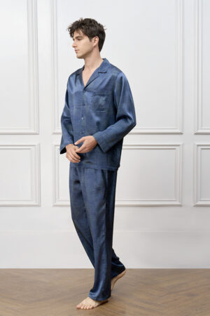 Side view of MANITO Cube Men's Pajama Set, tailored in smooth silk for effortless movement and restful lounging.