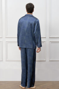 Back view of MANITO Cube Men's Pajama Set, featuring navy silk that creates a serene and stylish loungewear mood.