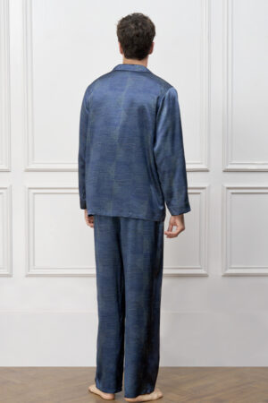 Back view of MANITO Cube Men's Pajama Set, featuring navy silk that creates a serene and stylish loungewear mood.