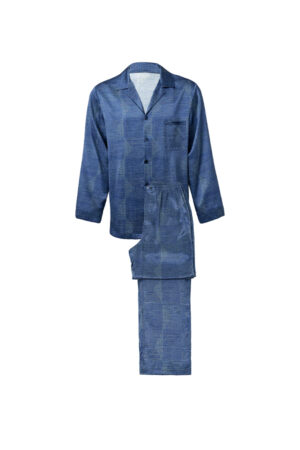 Cube Men's Pajama Set in navy silk satin with geometric dot and linear motifs for moonlight-soft comfort.