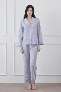 Front view of MANITO Damier Women's Pajama Set showing long-sleeve silk shirt and matching pants.
