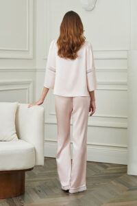 Back view of MANITO Dream Women's Pajama Set showing smooth silk drape and lace-trimmed sleeves for an delicate finish.