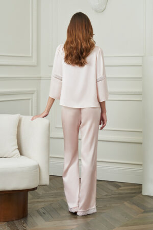 Back view of MANITO Dream Women's Pajama Set showing smooth silk drape and lace-trimmed sleeves for an delicate finish.