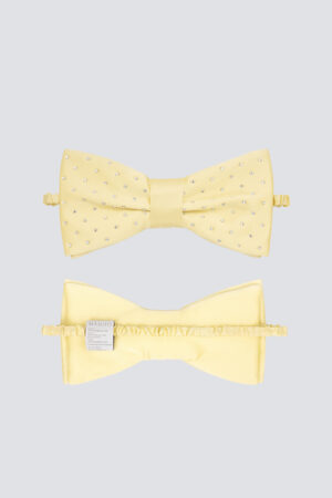 Front and back view of a yellow Duchess Pink Bow Silk Cute Eye Mask for a ruffled elastic band for a comfortable fit.