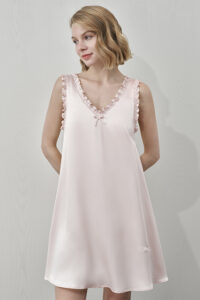 MANITO Duchess Silk Ruffle Dress in blush pink featuring V-neck and delicate ruffle detailing.