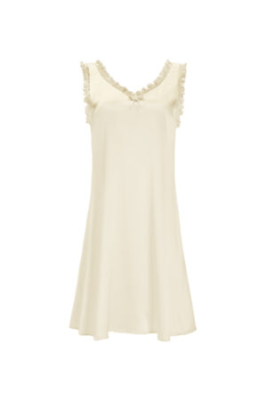 MANITO Duchess Silk Ruffle Dress flat lay in light yellow with soft ruffle details around neckline.