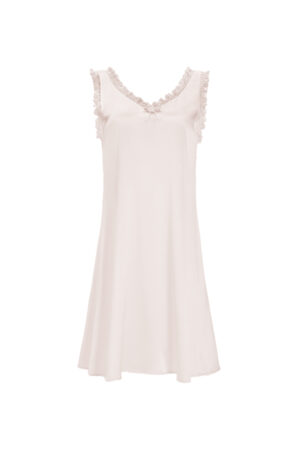 MANITO Duchess Silk Ruffle Dress flat lay in blush pink with flared hem and ruffle trim.