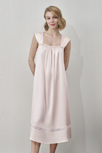 MANITO Duchess Tank Silk Maxi Dress in soft pink with pleated straps and delicate lace hem.