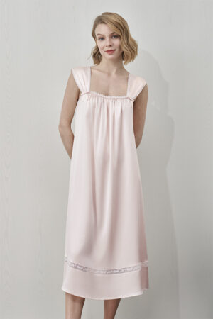 MANITO Duchess Tank Silk Maxi Dress in soft pink with pleated straps and delicate lace hem.