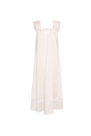 Flat lay of MANITO Duchess Tank Silk Maxi Dress in ivory with lace-trim hem.