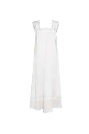 Flat lay of MANITO Duchess Tank Silk Maxi Dress in white with soft pleated straps.