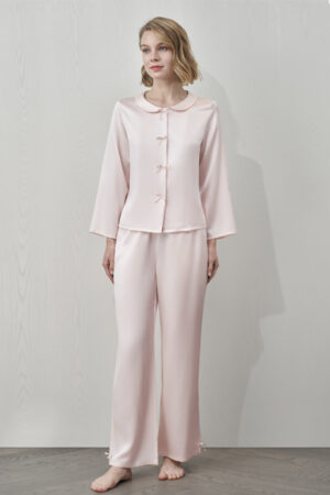 MANITO Duchess Women's Silk Pajama Set in blush pink with long sleeves and full-length pants, front view.