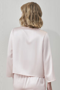 Back view of MANITO Duchess Women's Silk Pajama Set in blush pink, showing the top's clean finish.