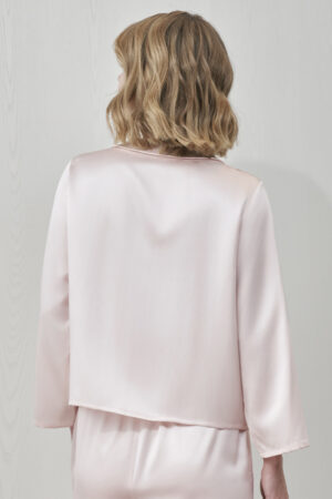 Back view of MANITO Duchess Women's Silk Pajama Set in blush pink, showing the top's clean finish.