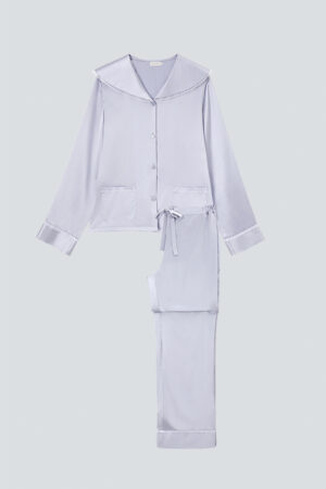 Front view of the light blue MANITO Effie Women's Pajama Set, showcasing delicate white lace details.