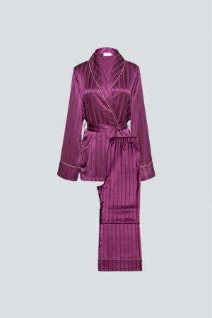Display of MANITO Embossed striped purple pajama set with white piping and a tied belt.