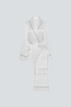 Display of MANITO Embossed striped pajama set in white with green piping.