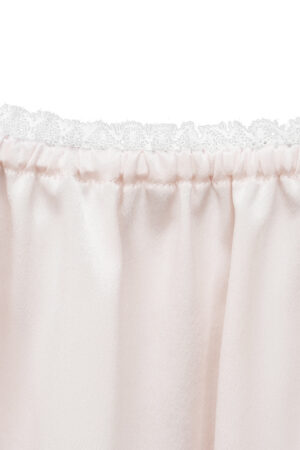 Close-up of neckline lace trim on MANITO Fairy Kid's Tank Nightdress in light pink silk.