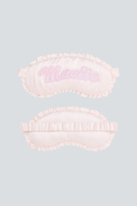 MANITO Fairy Silk Eye Mask in pink, front and back flat lay with ruffle trim design.