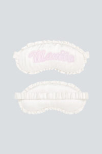 MANITO Fairy Silk Eye Mask in white, flat lay front and back showing refined silk finish.
