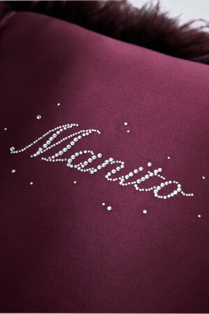 Close-up of rhinestone-embellished MANITO logo on a red throw cushion, showcasing fine craftsmanship.