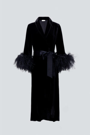 Full-length Fiesta long black robe with feathers and a dramatic satin belt for holiday.