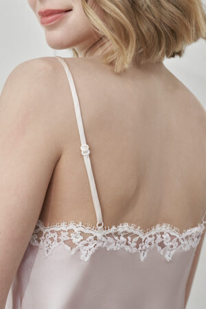 Back view of MANITO Flora Lace Silk Camisole Top in pink, highlighting lace trim and adjustable strap.