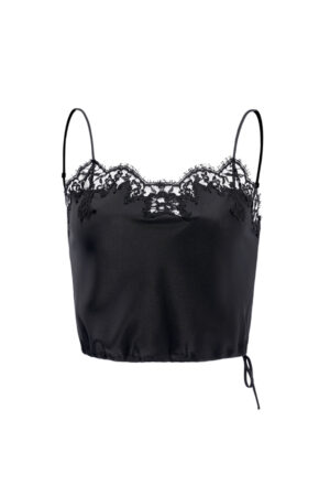 Flat lay of black MANITO Flora Lace Silk Camisole Top with Rococo-inspired lace neckline and drawstring hem.