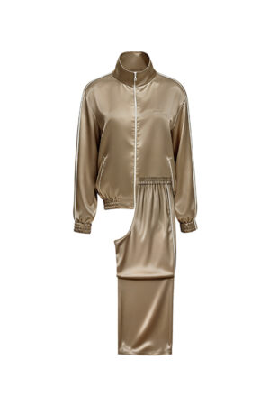 Flat lay of Gloaming Women's Pajama Set in twilight gold-brown silk, featuring the zip-up jacket and matching wide-leg pants.