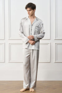 Greywake Men's Pajama Set flat lay, featuring tonal grey check patterns with refined piping and modern tailoring.