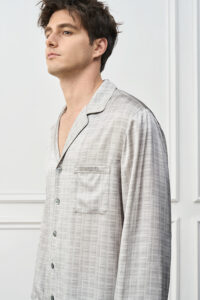 Side view of Greywake Men's Pajama Set, highlighting piping details, and contemporary sophistication.