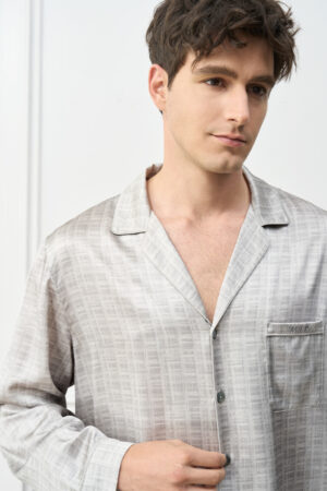 Close-up of Greywake Men's Pajama Set with grey patterns and refined tailoring for nighttime elegance.