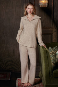 Heather Women's Silk Cashmere Knit Pullover/Pants in beige styled as a relaxed, full matching loungewear set.