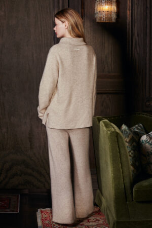 Back look of Heather Women's Silk Cashmere Knit Pullover/Pants set in beige with simple seams and soft drape.
