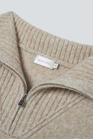 Detailed shot of Heather Women's Silk Cashmere Knit Pullover collar with visible zipper and ribbed knit finish.