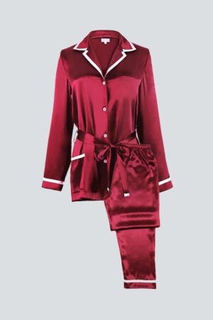 Flat lay of burgundy Coco Lady Pajama Set, revealing clean lines and luxe loungewear design.