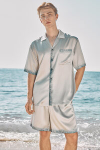 MANITO Inkmark Men's Short Pajama Set front view, short-sleeve silk top and shorts with blue edge detail.