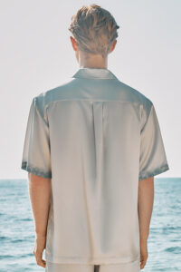 Back view of MANITO Inkmark Men's Short Pajama Set, highlighting the soft silk fabric and gradient cuff. 