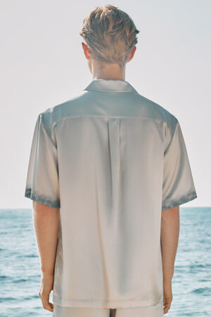 Back view of MANITO Inkmark Men's Short Pajama Set, highlighting the soft silk fabric and gradient cuff. 