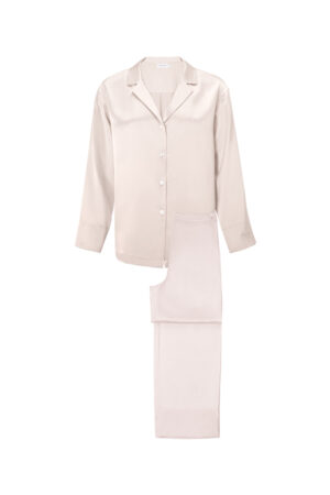 MANITO Jolly Women's Silk Pajamas Set in ivory with long-sleeve top and palazzo pants.