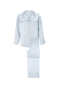 MANITO Jolly Women's Silk Pajamas Set in sky blue with pearl buttons and relaxed fit.