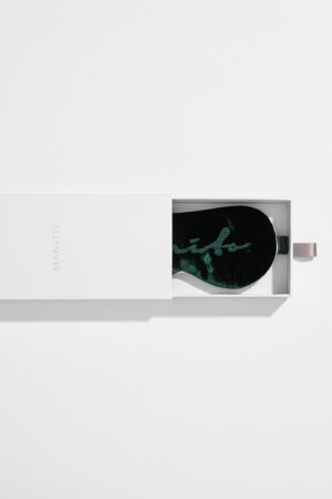 Ladylike Silk Velvet Green Eye Mask in a gift box with elegant "MANITO" branding and rich velvet fabric.