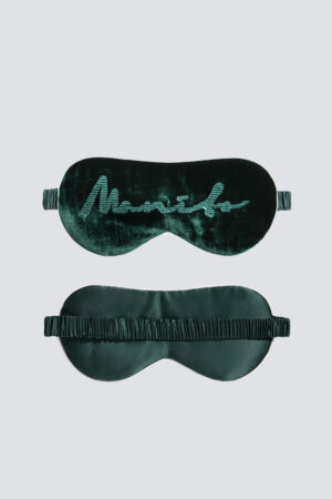 Front and back view of green Ladylike Silk Velvet Eye Mask with elastic band.