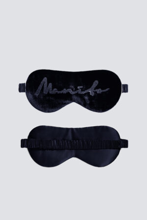 Front and back view of blue Ladylike Silk Velvet Eye Mask with embroidered "MANITO" branding.